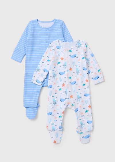 Baby 2 Pack Blue Under The Sea Sleepsuits (Newborn-23mths) - Newborn