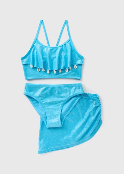 Girls Blue 3 Piece Metallic Swim Set (6-15yrs)