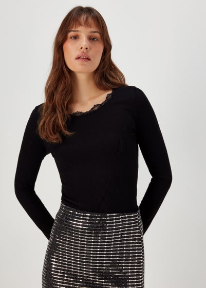 Black Lace Ribbed Top - Size 20