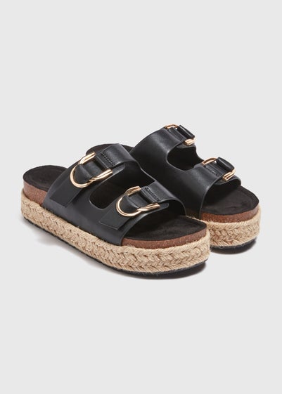 Black Textured Double Buckle Footbed Sandals