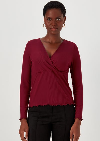 Burgundy Ribbed Wrap Top - Size 8