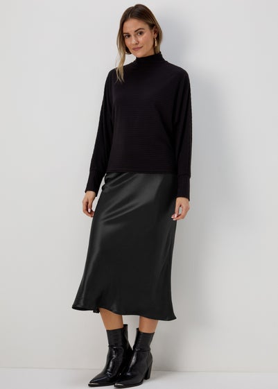 Black Satin Midi Skirt - Size 8