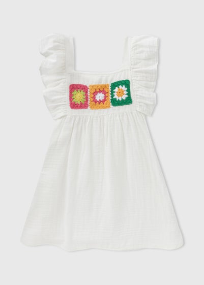 Girls White Crochet Double Cloth Dress (1-7yrs)