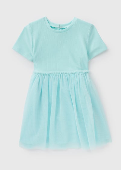 Blue Aqua Ribbed & Mesh Dress (1-7yrs)