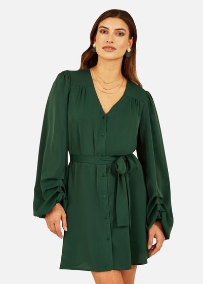 Mela Balloon Sleeve Shirt Dress In Green