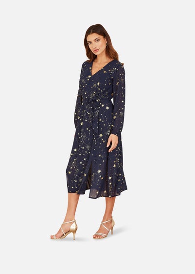 Mela Foil Star Print Long Sleeve Midi Dress In Navy