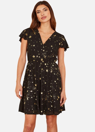 Mela Foil Star Print Wrap Skater Dress In Black