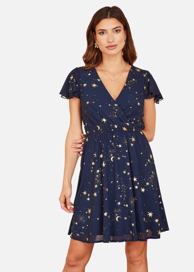 Mela Foil Star Print Wrap Skater Dress In Navy