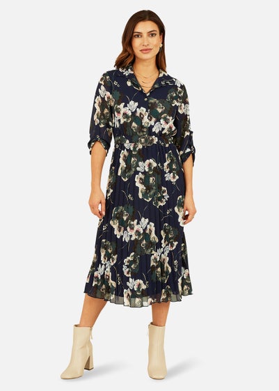 Mela Floral Print Gold Buckle Midi Dress In Navy - Size 16
