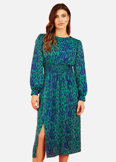 Mela Animal Print Long Sleeve Ruched Midi Dress In Green