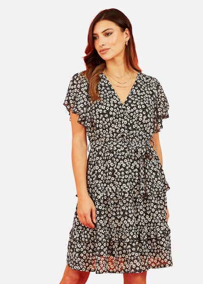 Mela Floral Wrap Skater Dress In Black