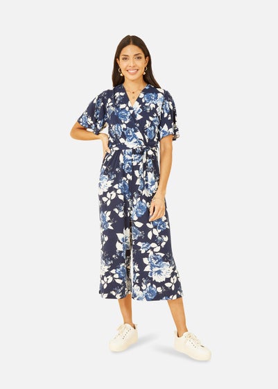 Mela Rose Print Jumpsuit With Angel Sleeves In Navy