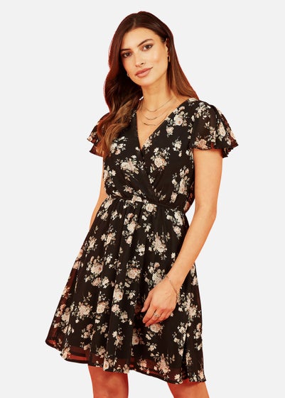 Mela Floral Print Wrap Over Skater Dress In Black