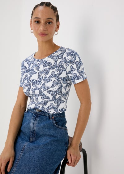 White & Navy Butterfly Print Short Sleeve Top - Size 8