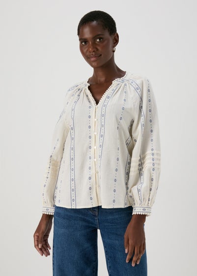 Cream Dobby Embroidered Blouse Top