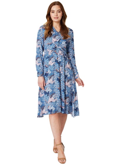 Izabel London Blue Printed Twist Front Midi Dress