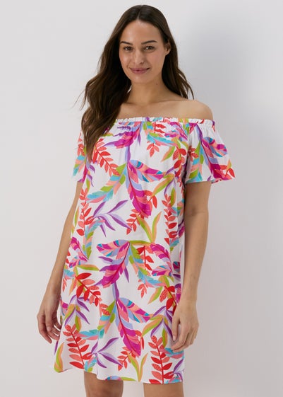 White Multicolour Leaf Print Bardot Dress