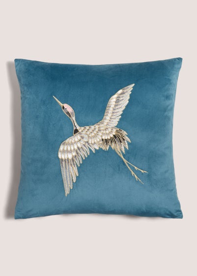 Teal Embroidered Crane Cushion