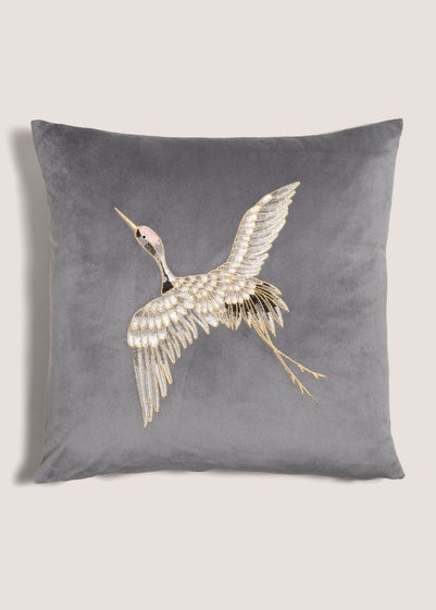 Charcoal Embroidered Crane Cushion