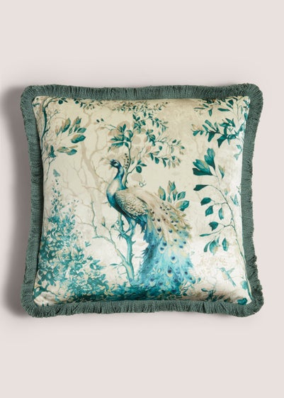 Green Peacock Print Fringe Edge Cushion (43cm x 43cm)