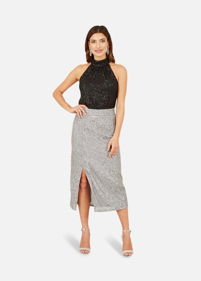 Yumi Silver Sequin Fitted Skirt With Front Slit - Size 14