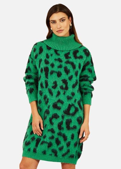 Yumi Green Animal Roll Neck Knitted Dress - Medium/Large