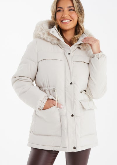 Quiz Natural Padded Faux Fur Hood Jacket - 603
