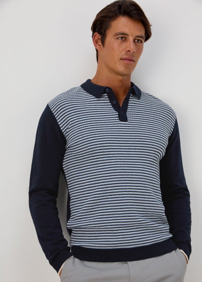 Navy Stripe Long Sleeve Polo Shirt - Small