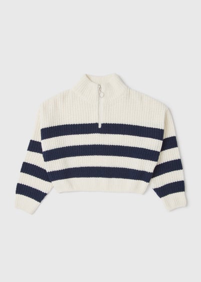 Girls White & Navy Stripe Half Zip Sweater (7-15yrs) - Age 14 Years
