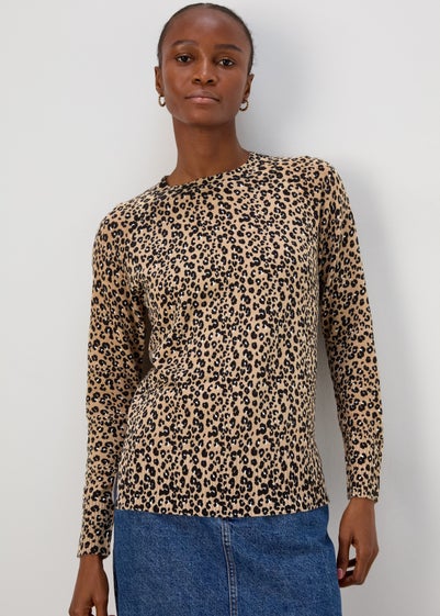 Brown Leopard Print Soft Touch Jumper - Size 16