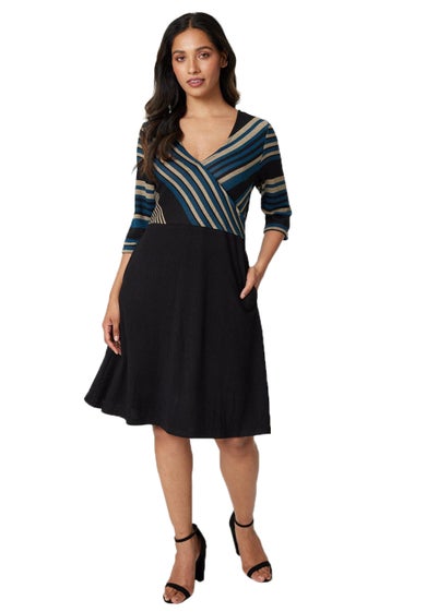 Izabel London Black Striped Colour Block Skater Dress