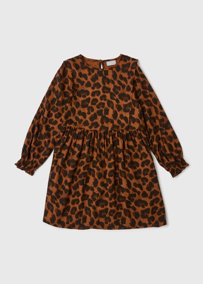 Girls Brown Leopard Print Viscose Dress (7-13yrs) - Matalan