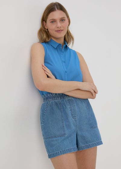 Blue Solid Sleeveless Shirt