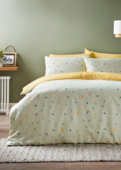 Green Floral Bee Duvet Covers - Double