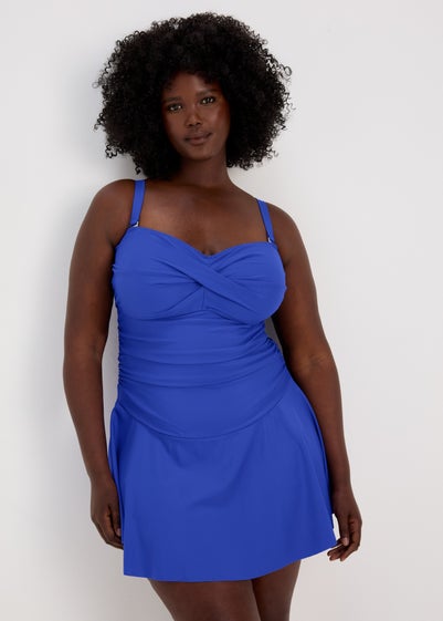 Blue Solid Cupped Swim Dress - Size 10