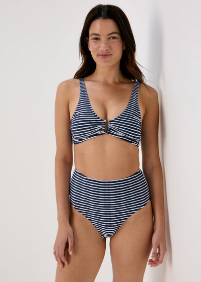 Navy Stripe Textured High Waisted Brazilian Bottoms