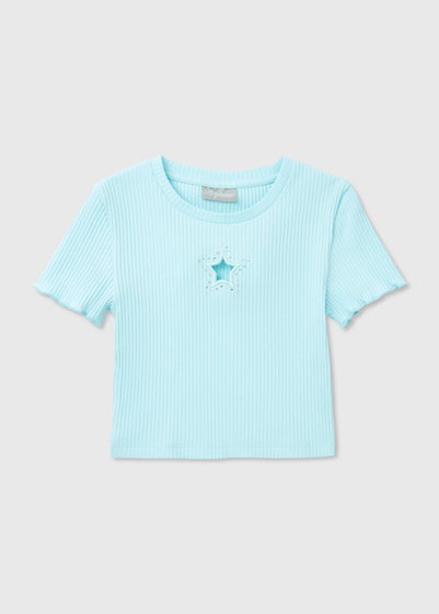 Girls Blue Ribbed Star Cut Out T-Shirt (7-15yrs)