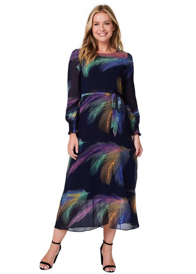 Izabel London Navy Printed Long Sleeve Midi Dress