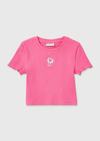 Girls Pink Ribbed Cut Out Palm Tree T-Shirt (7-15yrs)