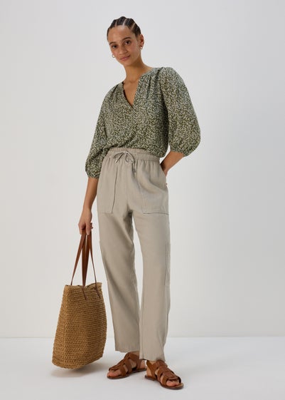 Beige Tapered Linen Cargo Trousers