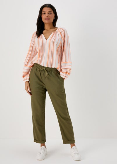 Khaki Linen Tapered Trousers - Size 8