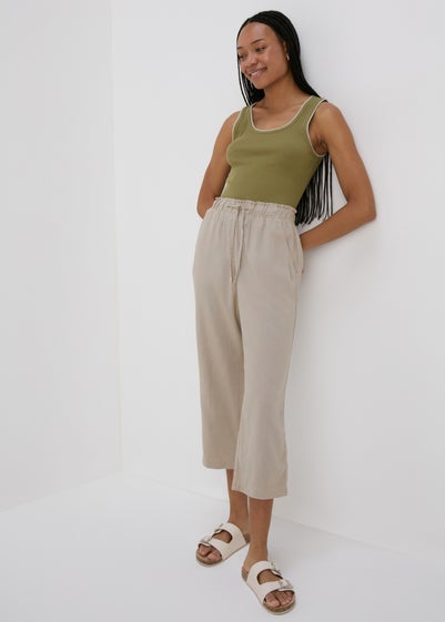Stone Linen Tapered Crop Trousers - Size 8