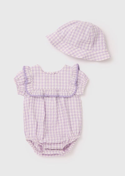 Girls Lilac Crinkle Gingham Romper & Hat (Newborn-18mth)