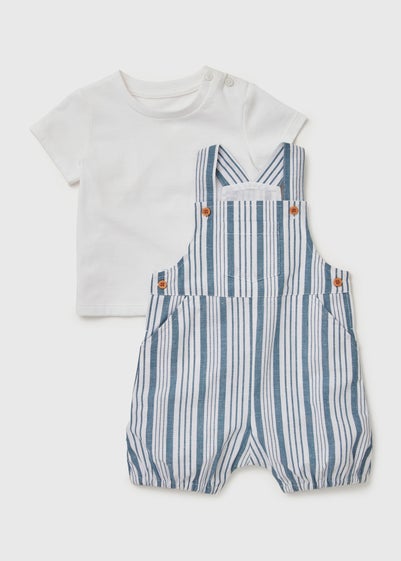 Baby Blue Stripe Dungaree & T-Shirt Set (Newborn-23mths) - Age 0 - 3 Months