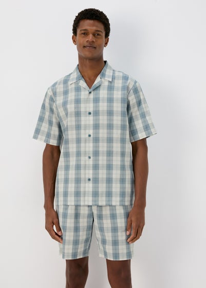 Blue Woven Check Cotton Shorts Set