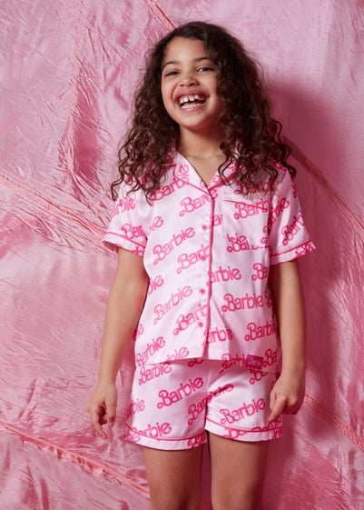 Barbie Pink Slogan Satin Shorts Set (4-12yrs) - Age 7 Years