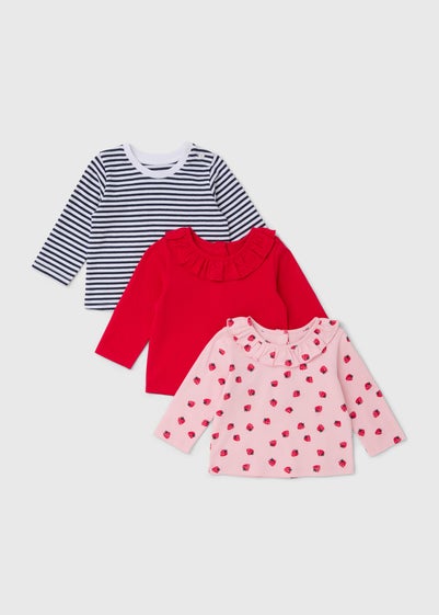 3 Pack Girls Red Strawberry Long Sleeve Tops (Newborn-23mths)