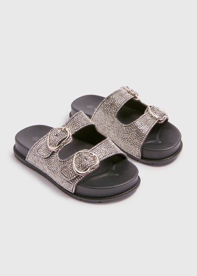 Girls Black Diamante Buckle Sliders (Younger 10-Older 5)