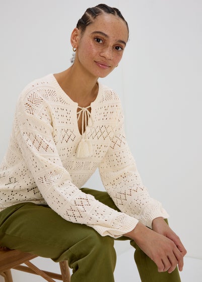 Cream Tie Front Stitch Jumper