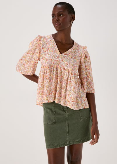 Multicolour Floral Viscose Dobby Frill Blouse Top